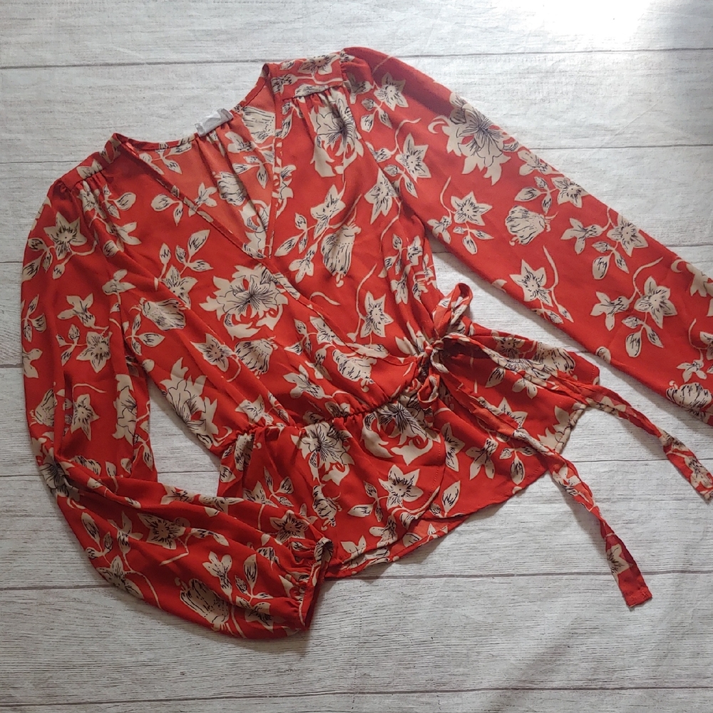 Sienna Sky Burnt Orange and‎ Cream Floral Mock Wrap Blouse